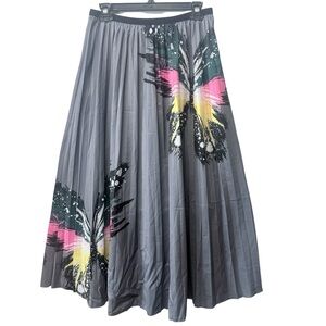 Pleated Long Skirt Gray Abstract Butterfly Print Elastic Waist Flowy